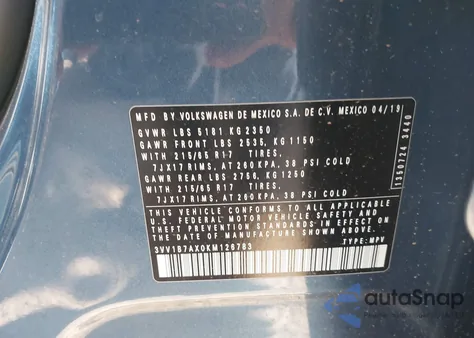 2019 Volkswagen Tiguan 2.0T S from USA, damaged, VIN 3VV1B7AX0KM126783